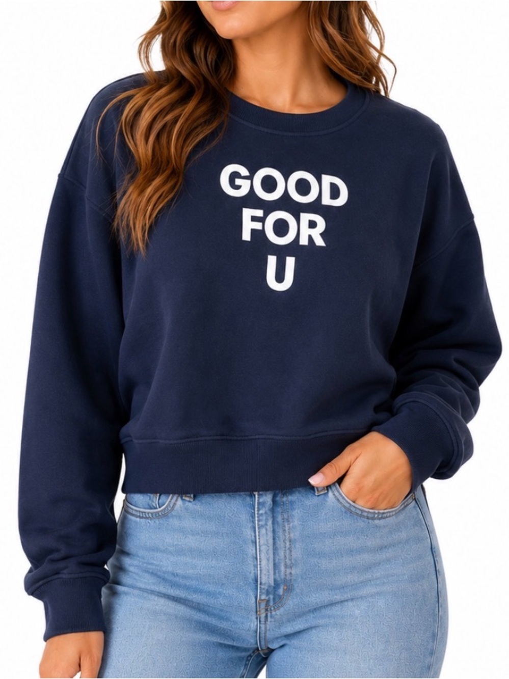 NEW DIVIDED "GOOD FOR U"  Navy/white Crewneck cropped Sweatshirt SZ MD